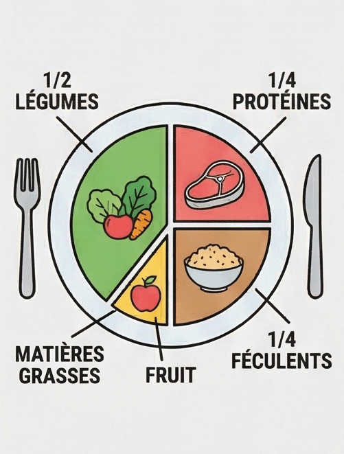 Composition assiette équilibrée 50% légumes 25% protéines 25% féculents